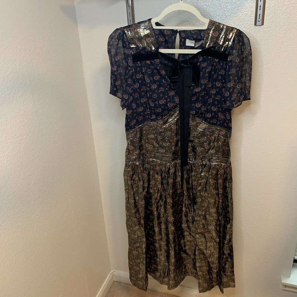 Coach 1941 Floral Daisy Print Dress Navy Metallic Silk Velvet NWT Size 6/Small